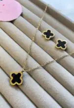 Lucky Four-Leaf Gold Clover Necklace and Earrings Set - Image 2